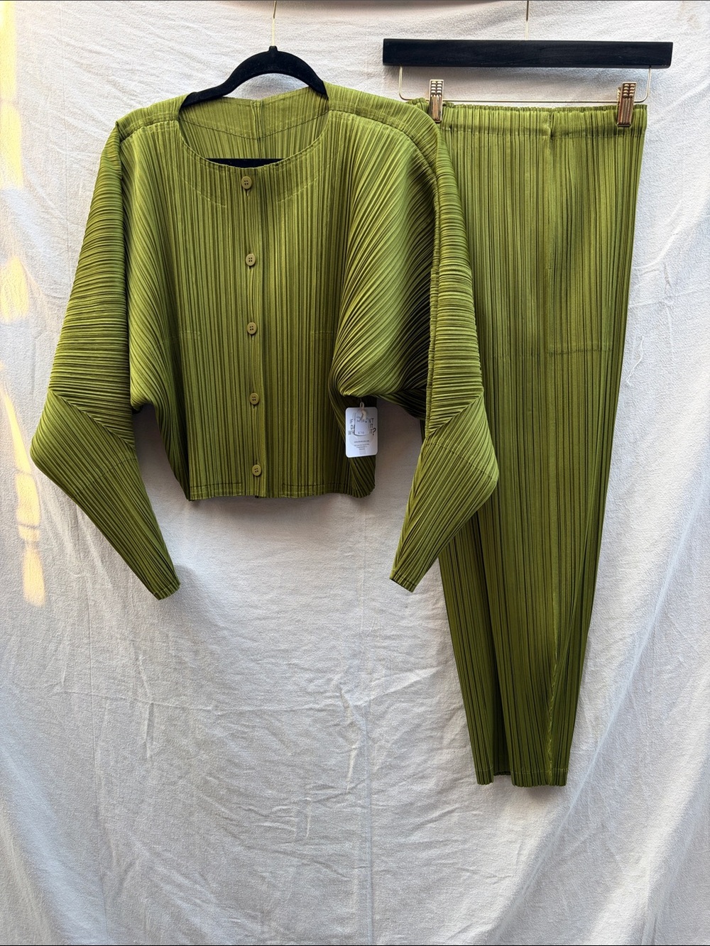 Issey Miyake Olive Green Pleated Jacket & Straight-Leg Pants